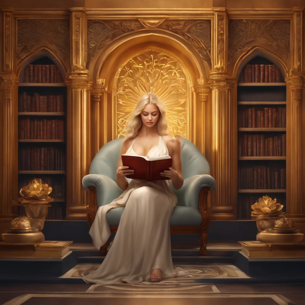 Create goddess of wisdom and protection woman with blonde hair reading a book on her throne divine bookstore background. ((Divindade)) ((rosto perfeito))