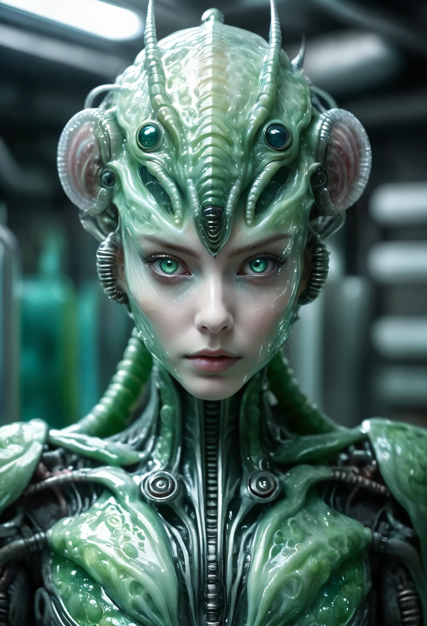 humanoid creatures with translucent to pale transparent skin resembling raw meat, featuring mollusk-like organic textures, scaly epidermis, uncanny compound eyes following the viewer, singular head and torso conjoined by longitudinal stripes, dewy skin glistening with moisture, bulky forms looming in a sterile laboratory setting, silky-smooth green eyes glaring with an unsettling gaze, nacreous compound, photo realistic, cinematic, movie still, captured in the style of Sony Alpha A7 III camera