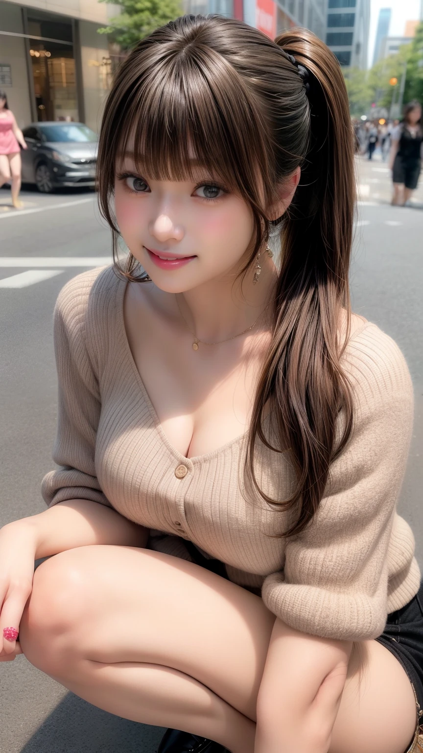 Large Breasts、 Large Breastsの谷間, Natural Lip、Fair skin、Great light、Beautiful lighting、((Straight Hair、Black Hair、ponytail))、Blunt bangs、Tight clothing、Colorful camisoles、Shorts、Gorgeous Accessories、Harajuku、smile、かわいいsmile、squat、Crowds in the city