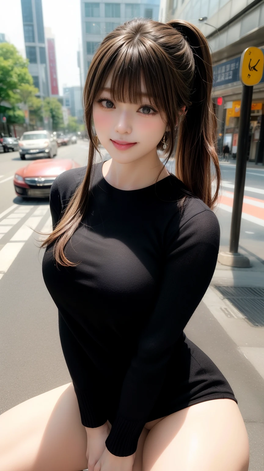 Large Breasts、 Large Breastsの谷間, Natural Lip、Fair skin、Great light、Beautiful lighting、((Straight Hair、Black Hair、ponytail))、Blunt bangs、Tight clothing、Colorful camisoles、Shorts、Gorgeous Accessories、Harajuku、smile、かわいいsmile、squat、Crowds in the city