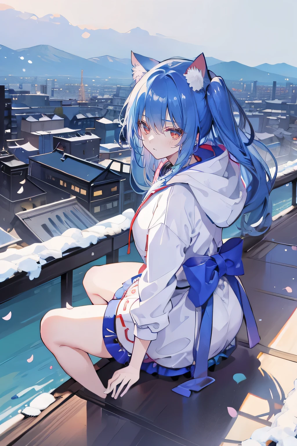 (masterpiece:1.2),Super detailed,lifelike,Expressive eyes,fair skin,perfect face shape,1 girl,
Japanese comics,Gorgeous blue hair,flowing blue hair,flowing clothes,Cat ears,Petals fall,beautiful lola,Baby Angel,
Shaking head with one hand,Cross your legs,Gentle and peaceful background,The pavilion is cool and comfortable,smile, wearing hoodie, background of tokyo,back views,snowing, winter.