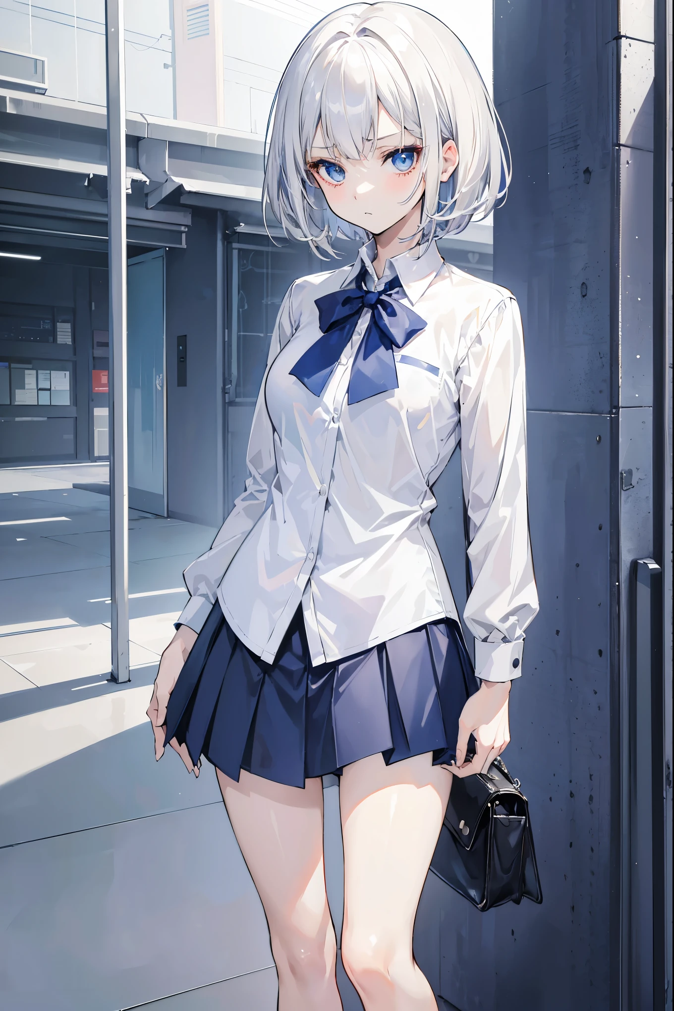"anime girl, 1 person, silver white hair, dark blue eyes, short hair ,((women's shirt)), women's jacket, dark blue skirt, school uniform, white socks, shoe leather, medium bust, serious face, full body, solo, viewed from many different angles," (full HD 4K+ image)"