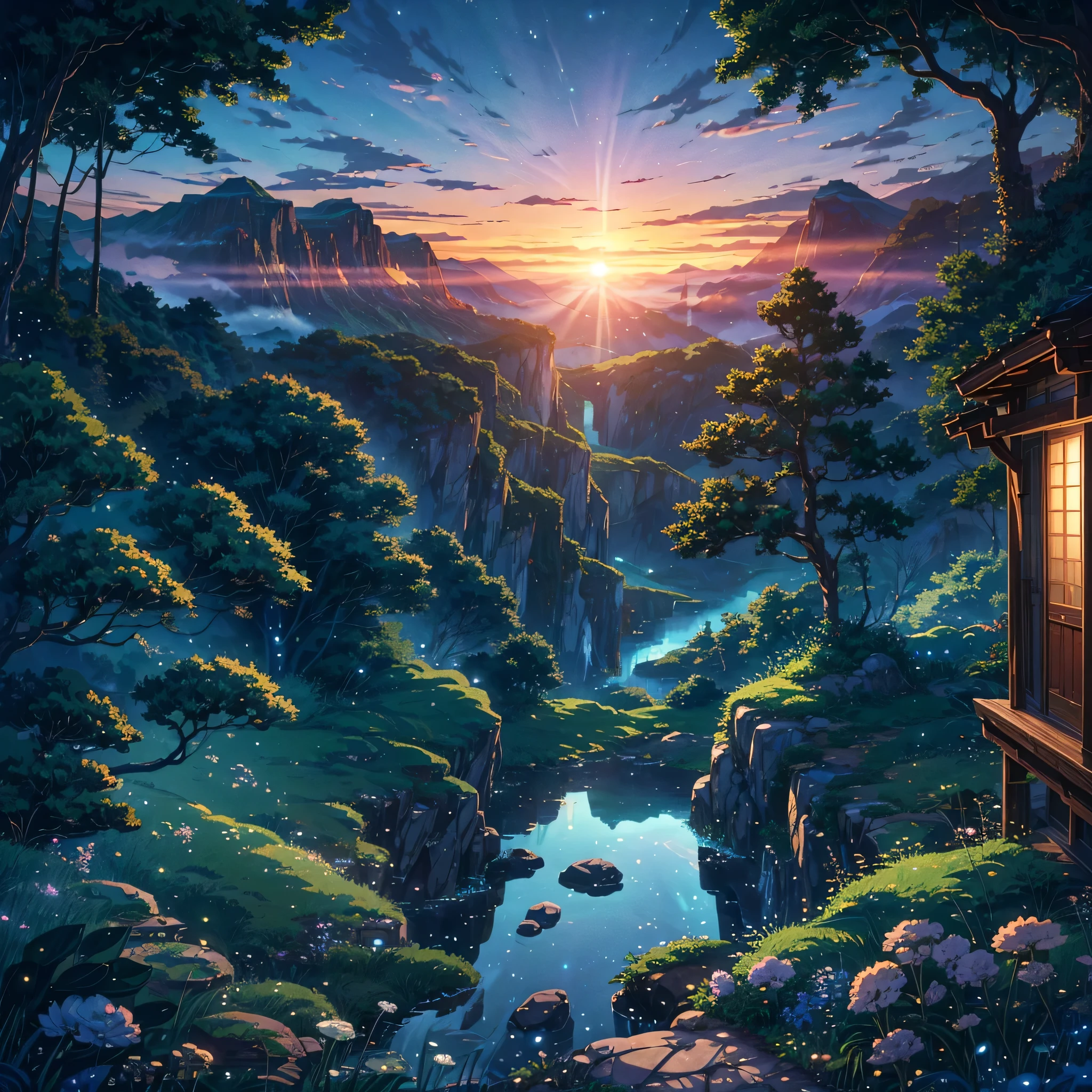 Generate a 4K resolution (400x900) image in the enchanting Studio Ghibli anime style, portraying quintessential landscape and Capturing the end of the landscape and the essence of adventure and wonder of this scenic landscape. Emphasize the Studio Ghibli aesthetic with soft colors:: illustration --ar 4:9