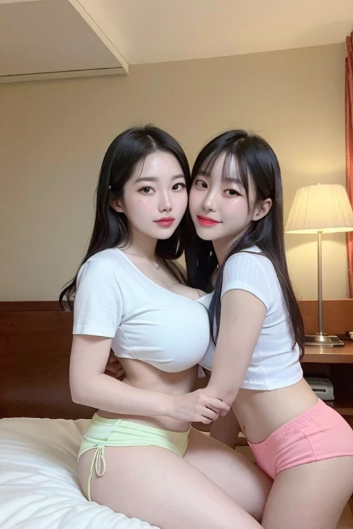 top-quality, masterpiece, 64 years old korean man and 22 years old bightly smile red lip korean two girls sitting on the bed, big breasts, girl wearing dolphin shorts, (old man white shirt), in the hotelroom, correct hands, two girls kissing old man, old man sitting between two girls, old man hugging two girls,