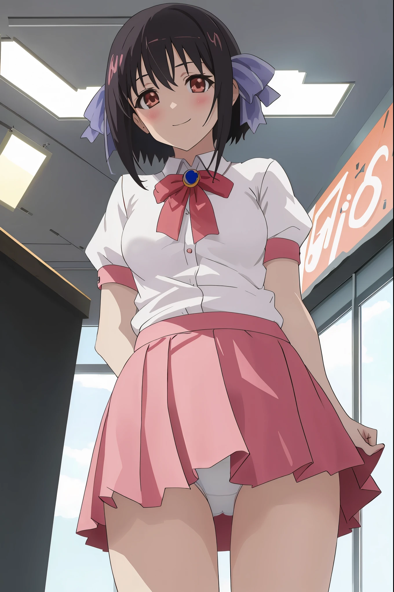 [anime styled]],[[digitalart]],1girl,solo,(portrait),Tomomi_saikyou,black hair,Short hair,bob cut,hair ribbon,midium build,1girl in,short torso,anime screen cap,cel shading,smile, blush,(strong light,((brighten the subject)),classroom,standing,uniform,short sleeves,((upskirt)),((skirt lift)),(white panties)
