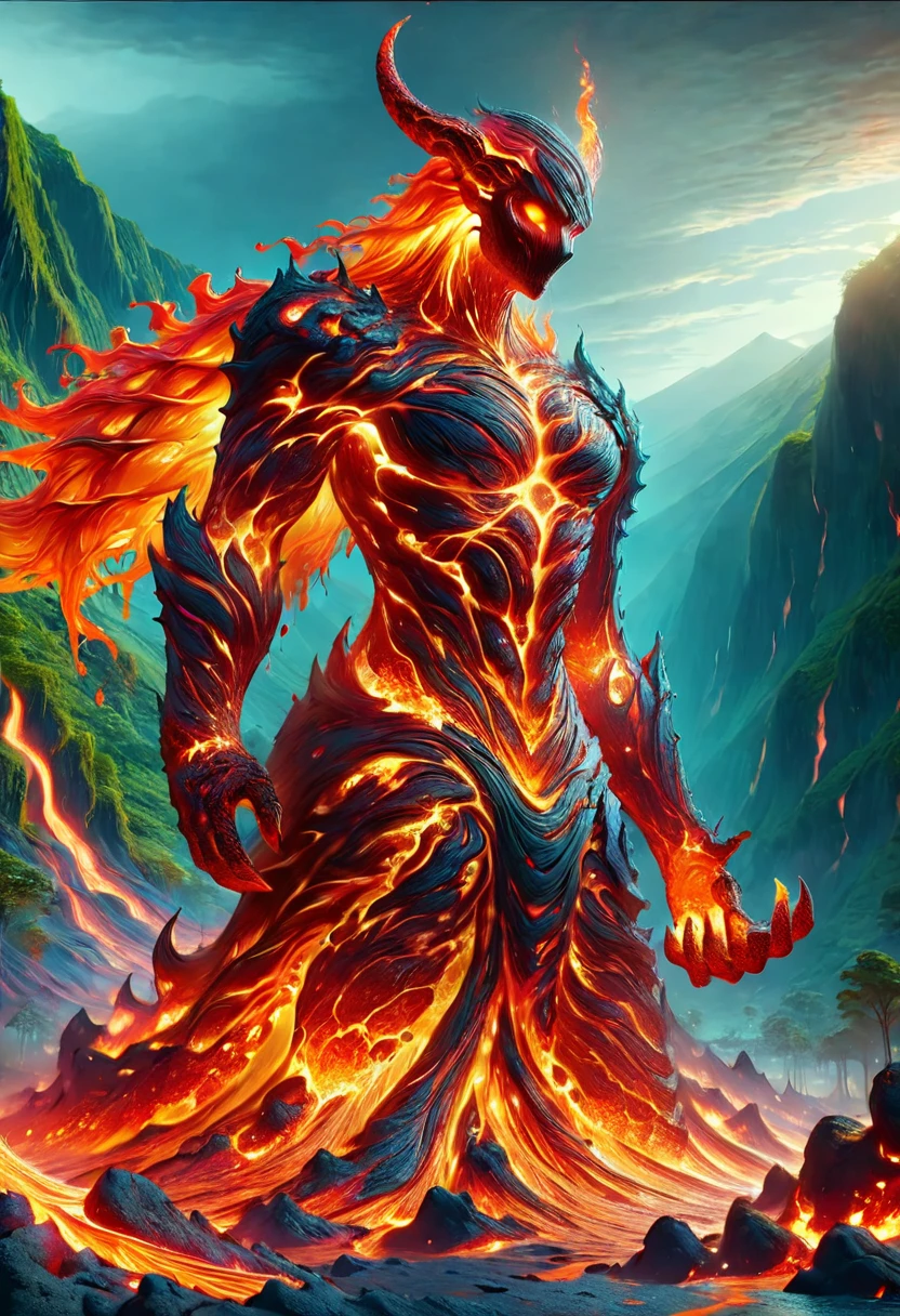 Lava Demon, ral-lava, LavaRay, Demon made entirely of lava, (best quality, highres, ultra-detailed:1.2), intense, fiery, and fearsome Lava Demon, glowing red eyes, sharp fangs and claws, towering over the landscape, surrounded by swirling magma, molten rivers flowing in the background, emitting a sinister glow, smoke billowing from its nostrils, an aura of pure heat and destruction, devilish horns adorned with lava drips, an otherworldly entity emerging from the depths of the Earth's core, surreal and menacing, in the style of dark fantasy art, with vibrant colors and high contrast, cast in a hellish color palette.