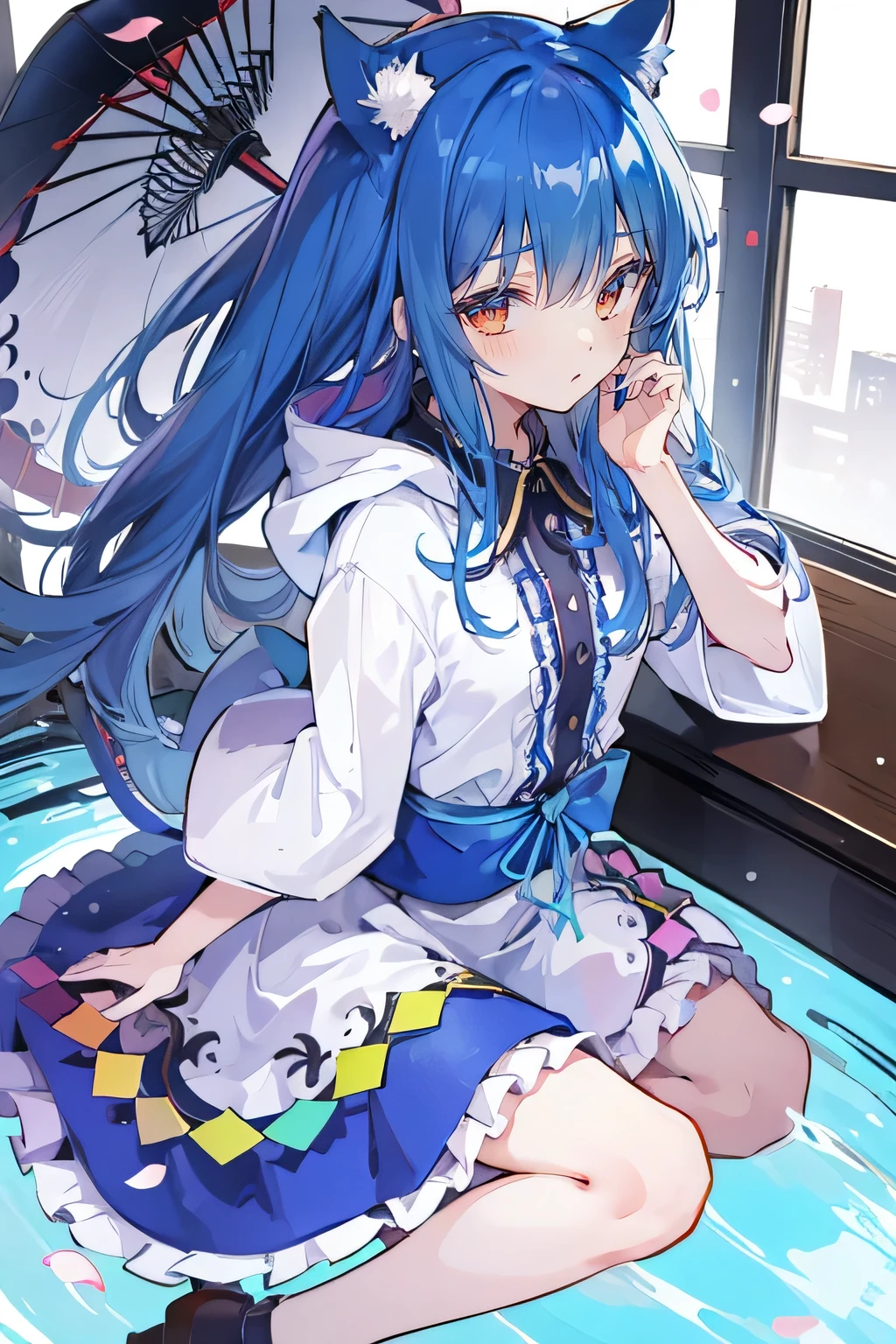 (masterpiece:1.2),Super detailed,lifelike,Expressive eyes,fair skin,perfect face shape,1 girl,
Japanese comics,Gorgeous blue hair,flowing blue hair,flowing clothes,Cat ears,Petals fall,beautiful lola,Baby Angel,
Shaking head with one hand,Cross your legs,Gentle and peaceful background,The pavilion is cool and comfortable,smile, wearing hoodie, background of tokyo,back views,snowing, winter.