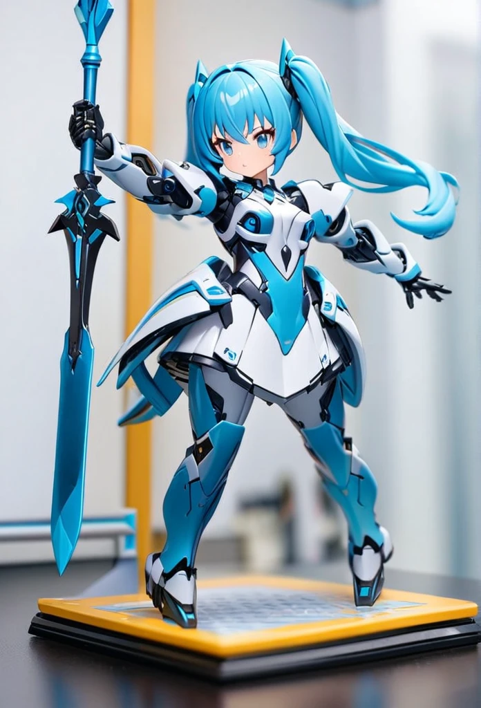High quality, high definition, high precision images,8k 1 Girl Robot figure,、Blue hair,Twin tails,blue eyes
,With a spear,Blue and white clothing,full body view