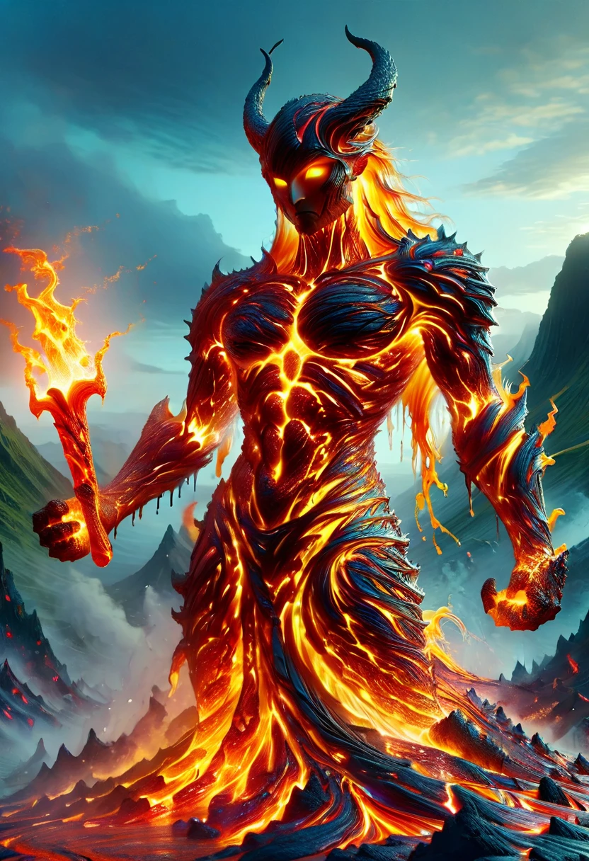 Lava Demon, ral-lava, LavaRay, Demon made entirely of lava, (best quality, highres, ultra-detailed:1.2), intense, fiery, and fearsome Lava Demon, glowing red eyes, sharp fangs and claws, towering over the landscape, surrounded by swirling magma, molten rivers flowing in the background, emitting a sinister glow, smoke billowing from its nostrils, an aura of pure heat and destruction, devilish horns adorned with lava drips, an otherworldly entity emerging from the depths of the Earth's core, surreal and menacing, in the style of dark fantasy art, with vibrant colors and high contrast, cast in a hellish color palette.