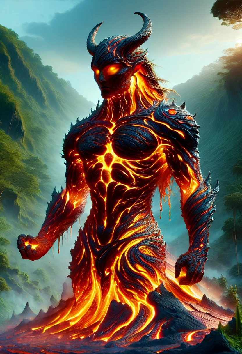 Lava Demon, ral-lava, LavaRay, Demon made entirely of lava, (best quality, highres, ultra-detailed:1.2), intense, fiery, and fearsome Lava Demon, glowing red eyes, sharp fangs and claws, towering over the landscape, surrounded by swirling magma, molten rivers flowing in the background, emitting a sinister glow, smoke billowing from its nostrils, an aura of pure heat and destruction, devilish horns adorned with lava drips, an otherworldly entity emerging from the depths of the Earth's core, surreal and menacing, in the style of dark fantasy art, with vibrant colors and high contrast, cast in a hellish color palette.