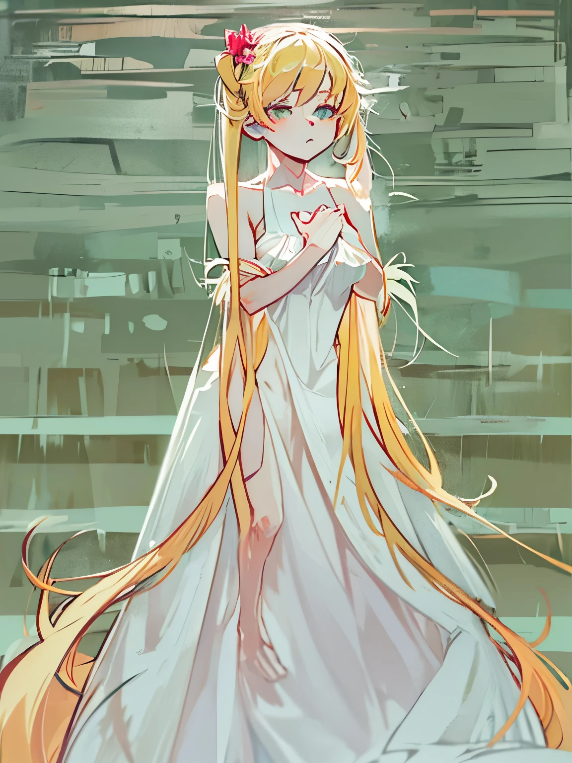 NSFW,oshino_shinobu,Blonde,Long Hair,White Dress,(Perfect hands),(Perfect Anatomy),(masterpiece),(highest quality)