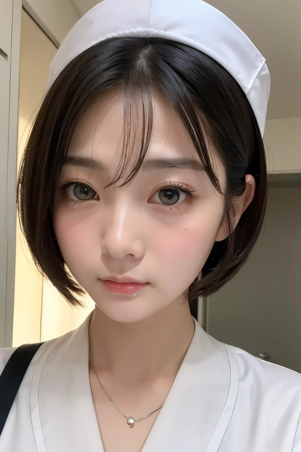 (1 Girl)、(Beautiful Japanese、18years old,round face、Refreshing、clear、seems kind、stylish、Pitiful、cute like an angel、cute、black eyes、,actress,Almond-shaped eyes), Good style , (Beautiful big breasts:1.2),(soft breasts),(very cute),(Black hair),(short bob hair),(enchanting eyes),(highlight on eyes:1.2)、(8K、Live shooting、highest quality、masterpiece:1.2、optimal lighting)、((masterpiece)),(Photo taken by a professional photographer),(real、photo real:1.4),break,{ (White nurse costume),(((taraditional nurse uniform))),(White nurse mini skirt),((White pantyhose)),(cleavage:1.2)},( Sad face:1.4),(tears:1.4))(cheeks are red:1.2), break, break,Hospital,Face shot:1.3、Hospital room、Looking at viewer:1.6, face close-up,Looking down,Looking up、Tears are falling from my eyes