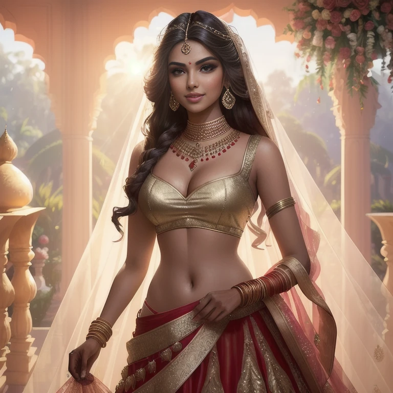 (masterpiece full length photography of a solo:1.2) alluring sexy tall curvy (18 yr old) Indian supermodel princess bride Amala Paul walking in (royal garden:1.3), (wearing stunning bridal red & gold lehenga & blouse:1.3). sheer dupatta, maximalism, (wedding flower decorations:1.3), (indian makeup & jewelry:1.2) long braided brown hair with highlights,, vivacious, lustful glance, exhilarated (beautiful detailed eyes:1.1) , (flirty bright smile:1.2), (intense dramatic afternoon light:1.4), backlit, key light, rim light, light rays, highly detailed, trending on artstation, paint splashes, rich color, abstract portrait, by Atey Ghailan
