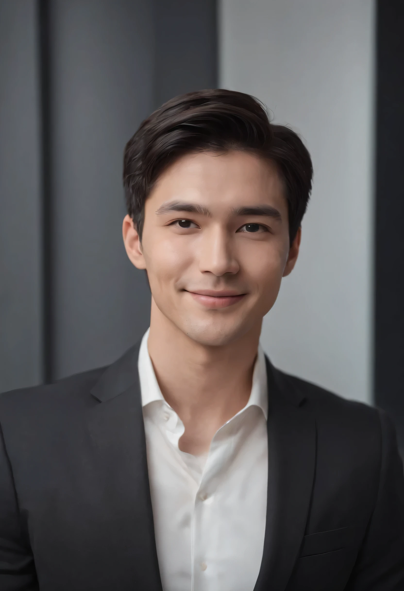 A man, oily short hair,, Black suit, Smile, Black short hair, In an office with a gray background,, Highly Authentic, Ultra HD, Chiaroscuro, Ultra Detailed