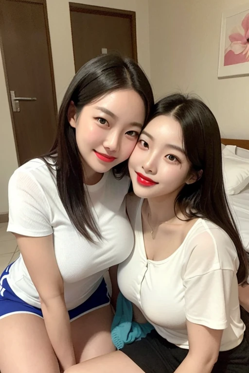 top-quality, masterpiece, 64 years old korean man and 22 years old bightly smile red lip korean two girls sitting on the bed, big breasts, girl wearing dolphin shorts, (old man white shirt), in the hotelroom, correct hands, two girls kissing old man, old man sitting between two girls, old man hugging two girls, three poeple,