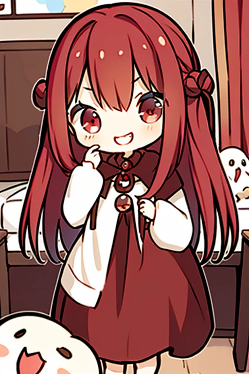 A red haired woman with red eyes with an hourglass figure in a cute sweatshirt dress is grinning with a cookie in her hand in her room