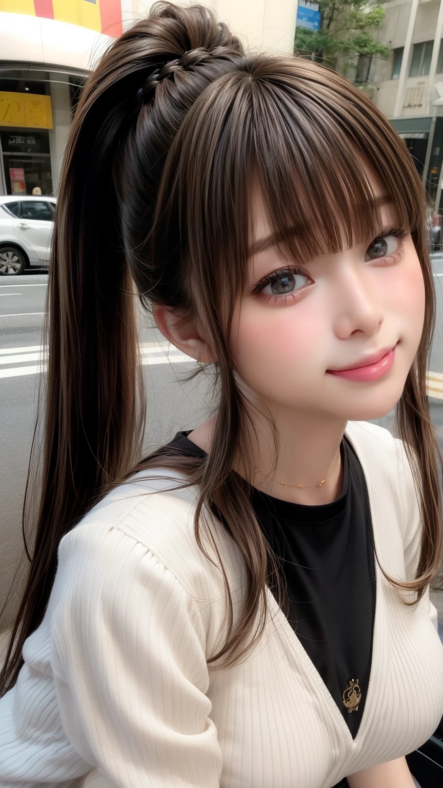 Large Breasts、 Large Breastsの谷間, Natural Lip、Fair skin、Great light、Beautiful lighting、((Straight Hair、Black Hair、ponytail))、Blunt bangs、Tight clothing、Colorful camisoles、Shorts、Gorgeous Accessories、Harajuku、smile、かわいいsmile、squat、Crowds in the city