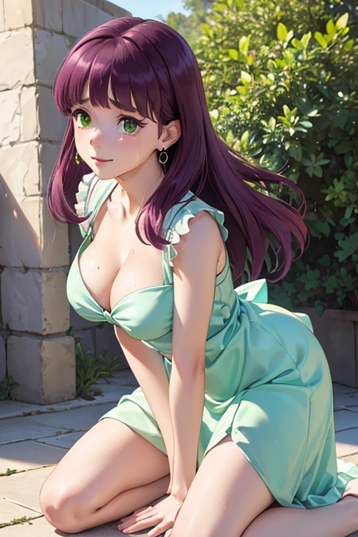 Very detailed CG Unity 8K wallpaper, Cute One lady, Mature Hair、lady ,beautiful lady, pale skin (Super masterpiece, Beautiful person, well detailed face polluted smile, Photorealistic, hyper realisitic), Perfect hands、Five fingers、Perfect hands、Perfect legs、Perfect toes、
((20year old、Pink gorgeous dresses 、Best Bust、(Bust 85cm)、(middle breasts)、
open chest wide、Happiness、A slender、Shy face、earrings、kneeling,Get closer to your audience、The gesture of pulling up the hair:1.3))、(Crying face:1.5)、
hiquality、visualart、Romance movie style、
(European countryside landscape))、cleavage,cleavage cutout、(Sweaty all over:1.5)、
(shinobu miyake:1.5, long hair, bangs, purple hair, (green eyes:1.5))