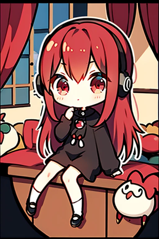 A red haired woman with red eyes with an hourglass figure in a cute sweatshirt dress is sitting in her room with a headphone