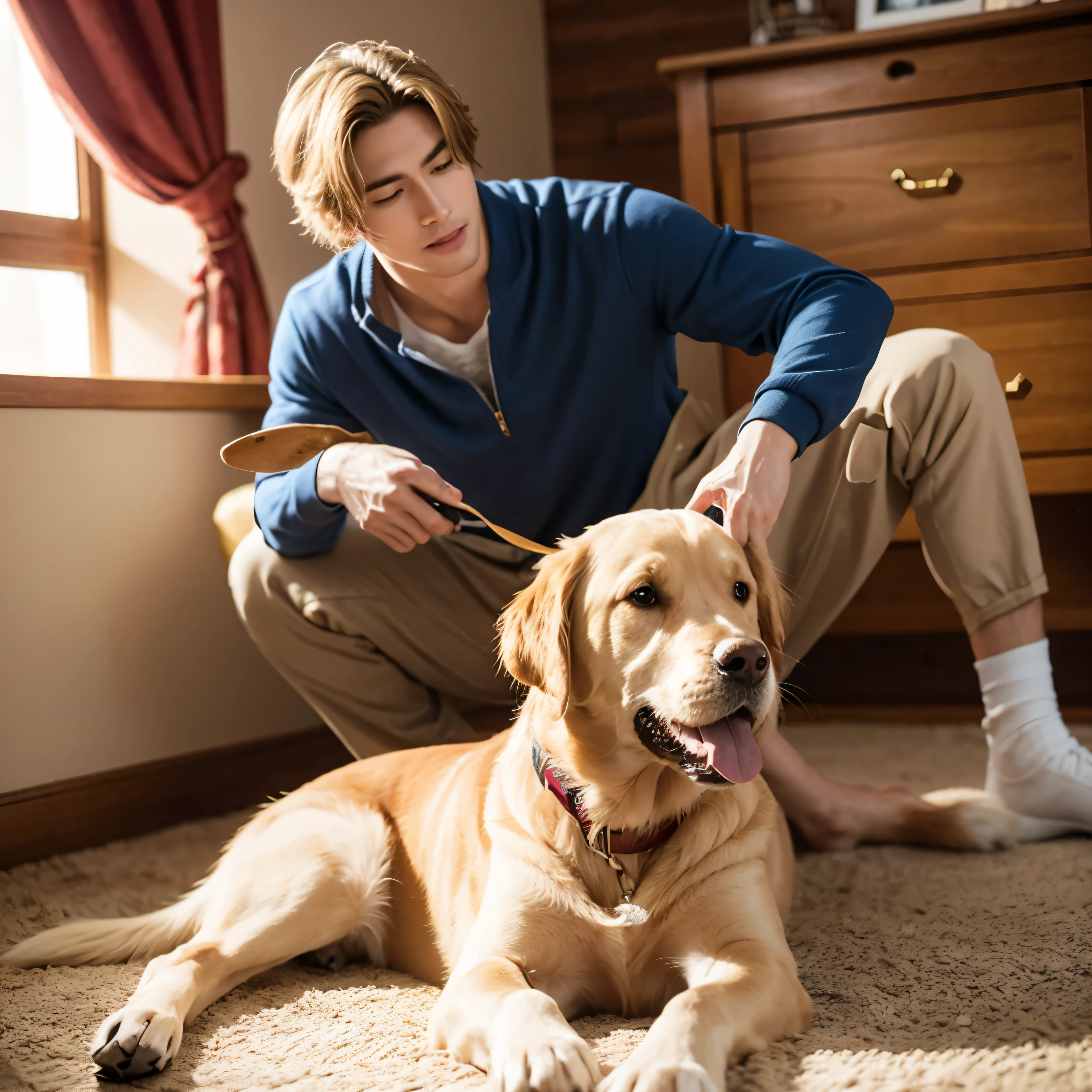 Super handsome guy playing with golden retriever