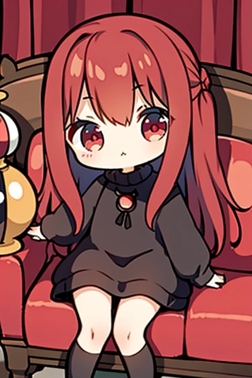 A red haired woman with red eyes with an hourglass figure in a cute sweatshirt dress is laying on the couch