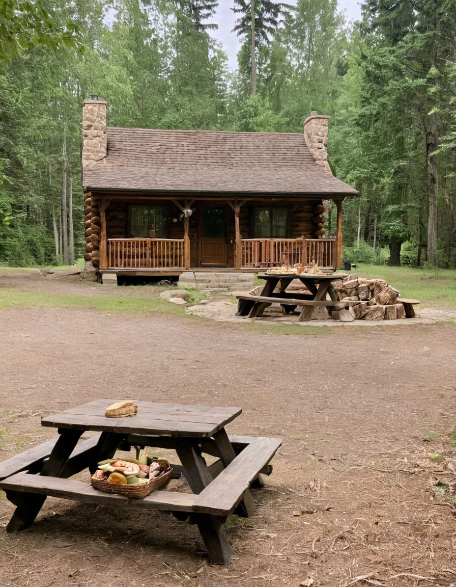 there is a picnic table with food on it in front of a log cabin, log cabin, cabin in the woods, a brick cabin in the woods, forest picnic, cottagecore!!, old cabin, rustic setting, cottagecore, cabin, cottage in the woods, cozy place, wood cabin in distance, outdoor campfire pit, outdoors setting