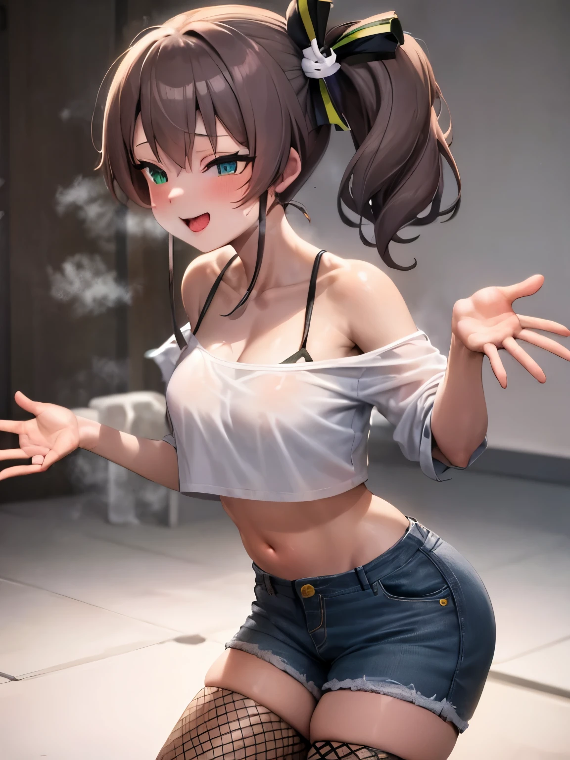 NSFW,Hololive,natsuiro matsuri,One Side Ponytail,cropped,Off the shoulder,Denim hot pants,High leg,Fishnet tights,(Perfect hands),(Perfect Anatomy),(masterpiece),(highest quality)