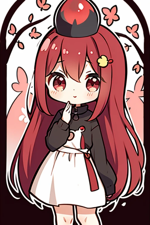 A red haired woman with red eyes with an hourglass figure in a cute sweatshirt dress is blushing underneath a cherry blossom