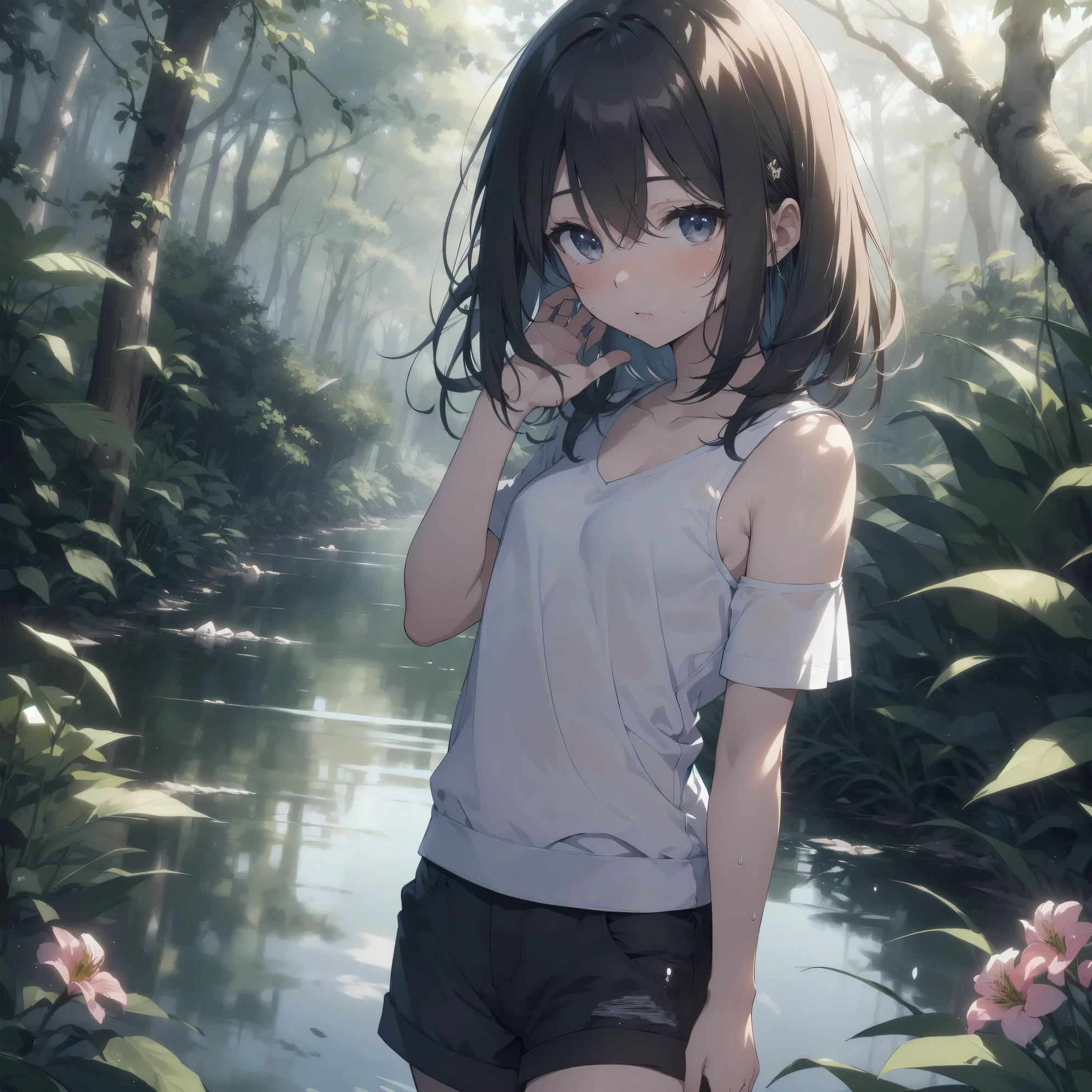ultra-absurdres-Top quality by artist God, ultra-detailed, high resolution, anime moe artstyle, best anime 8k konachan wallpaper, pixiv contest winner, pool:2810, perfect ???????,break, 1girl, (Solo,tomboy, 9-year-old:1.3),Full limbs, complete fingers,(very short hair), messy hair, sweat, blush, flat chest, groin, small butt, small black eyes, beautiful detailed eyes, well-proportioned iris and pupils, expressive eyes, highres detailed hair, soft expression, tank top, short shorts, walking, sleepily, (Detailed Lighting), (Detailed background), summer,  in the forest park. break,super detailed skin, Best cinematic lighting powered by famous artist, 8k,beauty illustration,photoshop_(medium),very aesthetic,break,((artist:beni_shake )), artist:bolze ,artist:oyari ashito ,artist:kantoku ,
