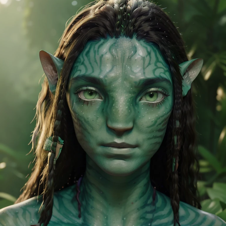 avatar style, (face portrait:1.6), 1girl, female, (AvLoak), glowing blue eyes, pointy ears, (green skin tone:1.0), (curly hair:1.0), black hair color, ((long hair)), (young adult), 18 years old, face wrinkles, wearing colorful tribal clothing, (wearing tribal acessories), detailed eyes, toned body, muscled body, vibrant colors, glowing, ethereal atmosphere, surrealistic dreamy lighting, textured skin, otherworldly beauty, mesmerizing photography, (best quality, highres), vivid colors, ultrarealistic, skin details, striped skin, sfw, face close-up:0.5, ultradetailed body, ((green skin))