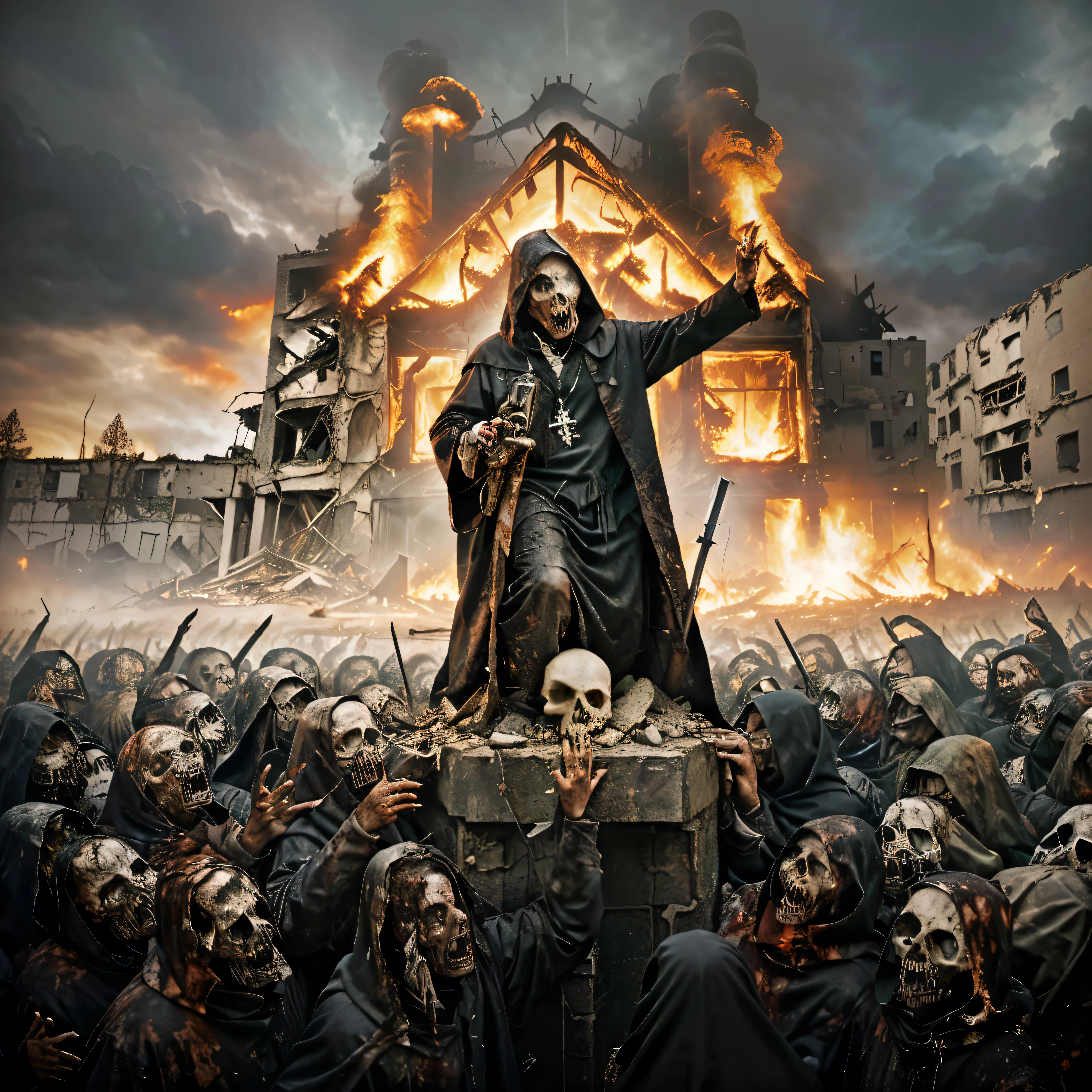 photo realistic image of a dark hooded priest holding a skull standing in front of screaming zombies, burning building in the background,  apocalypse apocalypse art, album art, harrowing apocalyptic atmosphere, death metal album cover, sinister demonic atmosphere, 