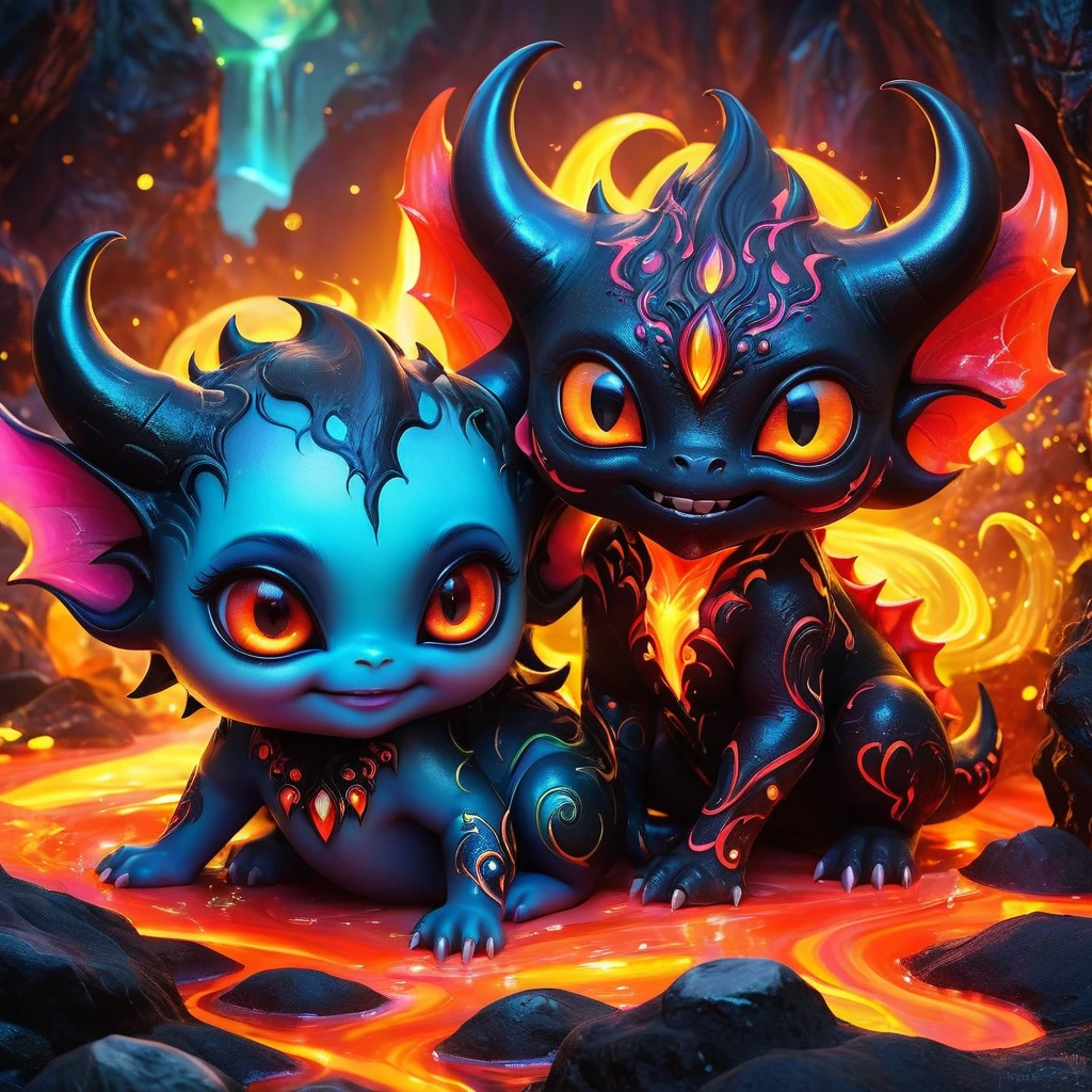 Cute Lava Demon illustrated by Roby Dwi Antono and Jasmine Becket-Griffith, sparkling eyes nestled in a magical landscape, bright colors, fairy-like yet outlandish creature invoking smiles, enchanting charm, play of light and colors highlighting every nuance, neon ambiance, abstract black oil elements and detailed acrylic textures, grunge touches for intricate complexity, Unreal Engine render, photorealistic.  8k artistic photography, photorealistic concept art, soft natural volumetric cinematic perfect light


