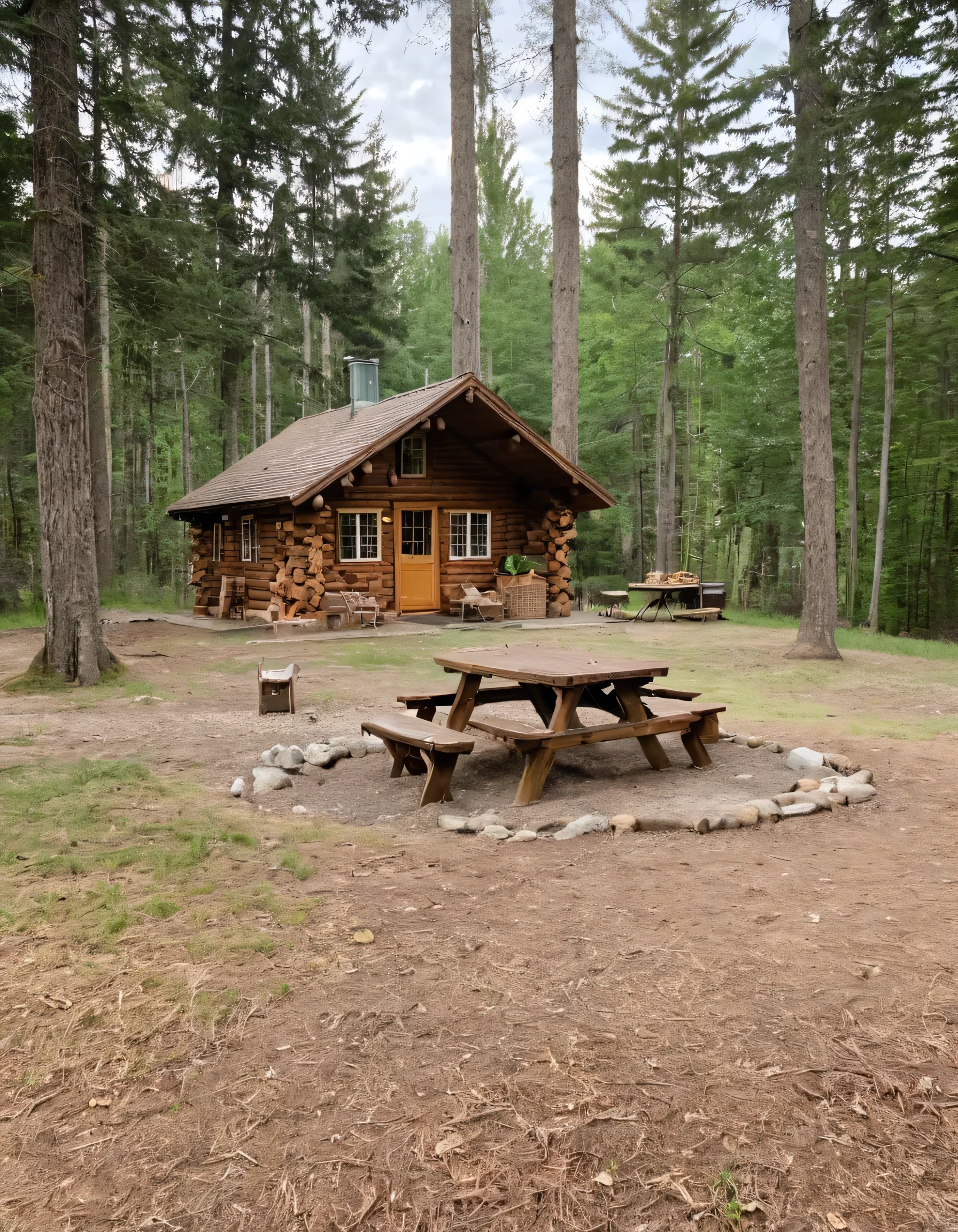 there is a picnic table with food on it in front of a log cabin, log cabin, cabin in the woods, a brick cabin in the woods, forest picnic, cottagecore!!, old cabin, rustic setting, cottagecore, cabin, cottage in the woods, cozy place, wood cabin in distance, outdoor campfire pit, outdoors setting