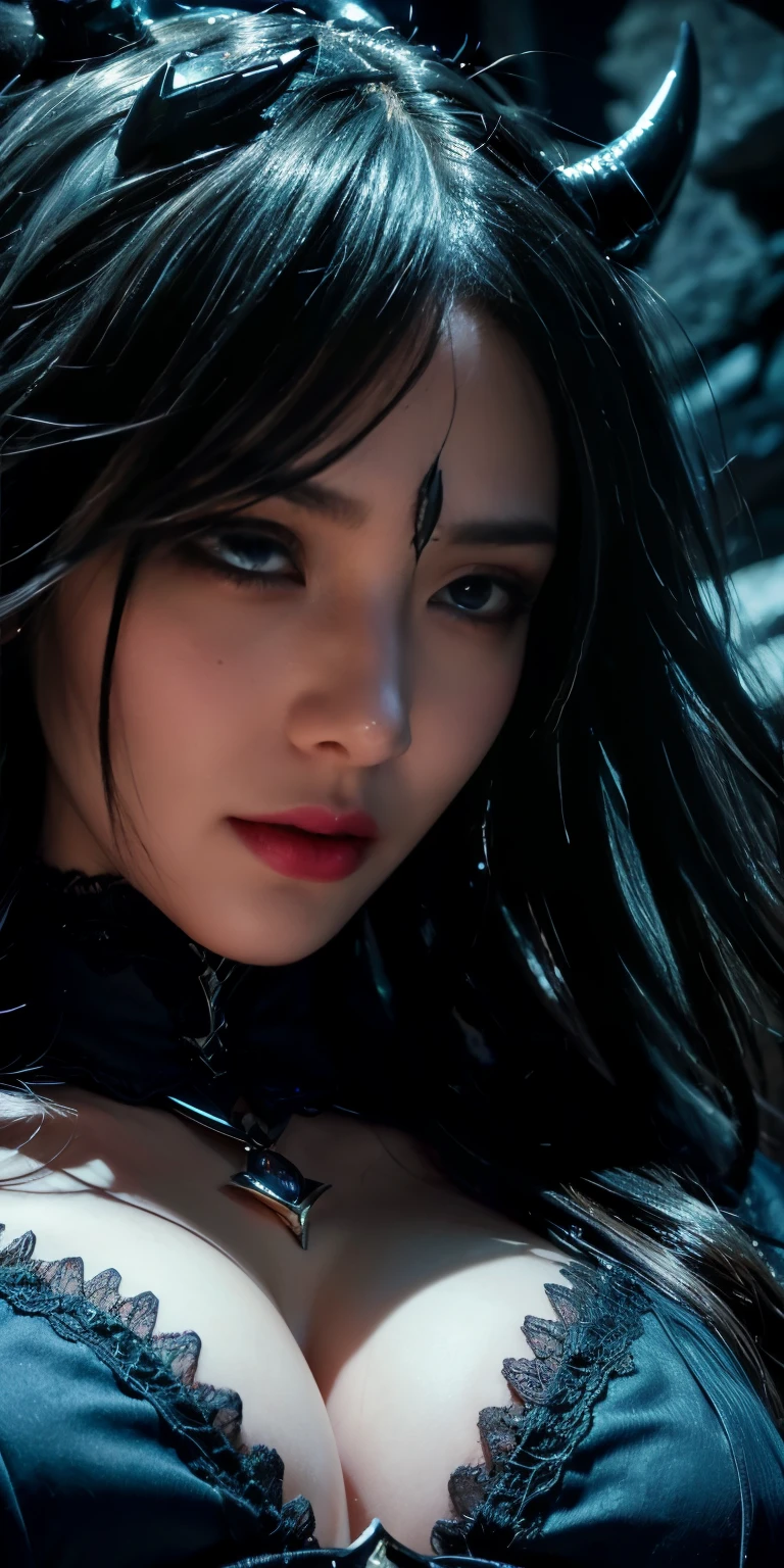 Are you okay、(Best illustrations)、8K UHD resolution、Intricate details、最high quality、Realistic、Ultra-detailed、Best lighting、Best Shadow、Soft lighting、Ultra HD、Dungeons and Dragon、cave、Dungeons、 Necromancer、night、Dark Style、Succubus、Devil's Daughter、Bat Wings,(((Devil horns)))、((((Black-rimmed round glasses))))、(((Huge boobs)))、(Devil's Tail)、(Red eyes glow:1.6)、masterpiece、Beautiful Face、Tyndall effect、Photo Real、(High Definition Skins:1.2)、8KUHD、Digital SLR、high quality、picture、High resolution、 Absurd、Ponytail Distortion、The optimal ratio is four fingers to one thumb、1 girl、hair ornaments、Red Shiny Gem Necklace、gem、Beautiful expression、Body Up、Big breasts are important、Tight waist、Wide ass、Tyndall effect、Photorealistic、(High Definition Skins:1.2)、