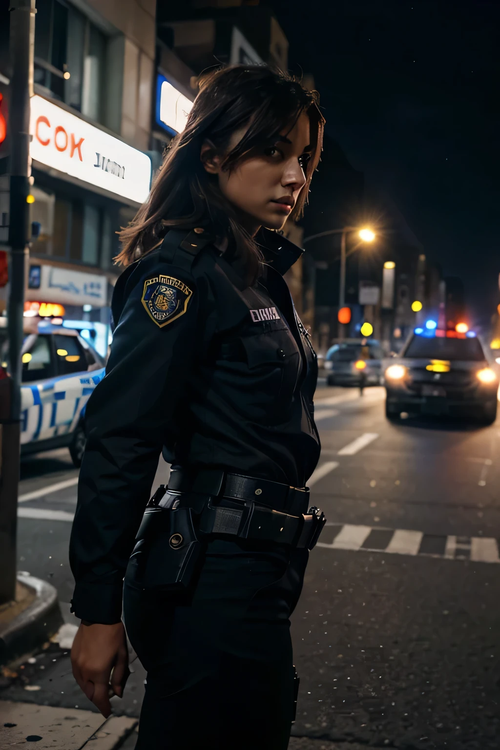 A female police woman looking at us, in a busy night time city with cars passing by