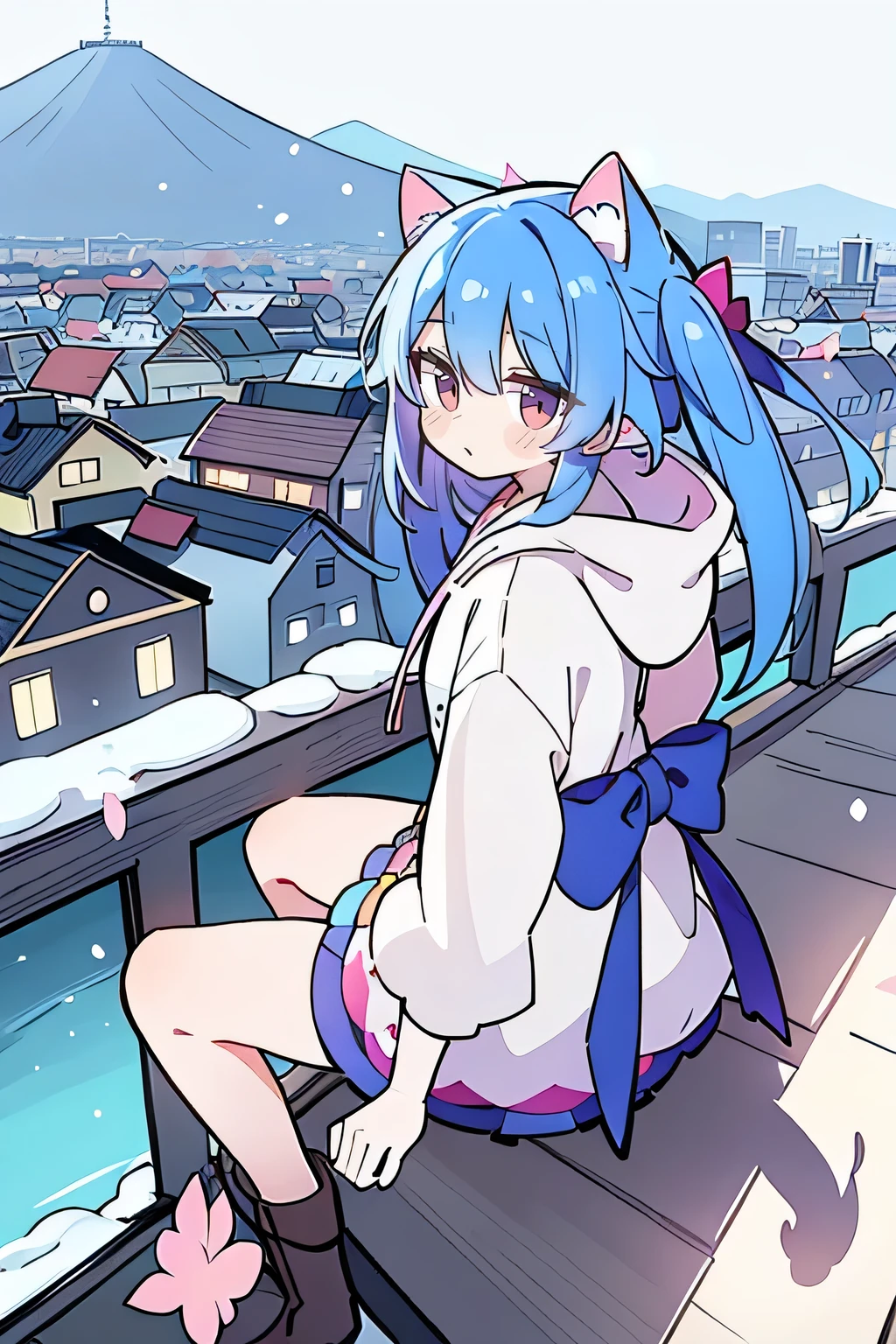 (masterpiece:1.2),Super detailed,lifelike,Expressive eyes,fair skin,perfect face shape,1 girl,
Japanese comics,Gorgeous blue hair,flowing blue hair,flowing clothes,Cat ears,Petals fall,beautiful lola,Baby Angel,
Shaking head with one hand,Cross your legs,Gentle and peaceful background,The pavilion is cool and comfortable,smile, wearing hoodie, background of tokyo,back views,snowing, winter.