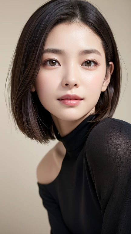 (((Close-up of face)))、(((Absolutely shoulder-length brown straight short bob)))、(((She is posing like a hair salon model, with a black wall indoors as the background.)))、(((Casual black winter long sleeves with shoulders covered)))、Half Japanese, half Korean、18 year old girl、Standing Alone、Looking forward、Light eye makeup、Brown Hair Color、Flat and 、Hair blowing in the wind、Actress Quality、Glossy, ultra-realistic face、Smiling face、Watery eyes、Gazing Up、Subtle lighting effects、 Ultra-Realistic Capture、Very detailed、High resolution 16K close up of human skin。Skin texture must be natural、The details must be such that pores can be clearly seen、The skin is healthy、Uniform tone、Use natural light and colors、A worn-out, high-quality photo taken by a model agency&#39;s in-house photographer.、smile、(((SIGMA 300 mm F/1.4,1/1000 sec shutter,ISO 400))) 