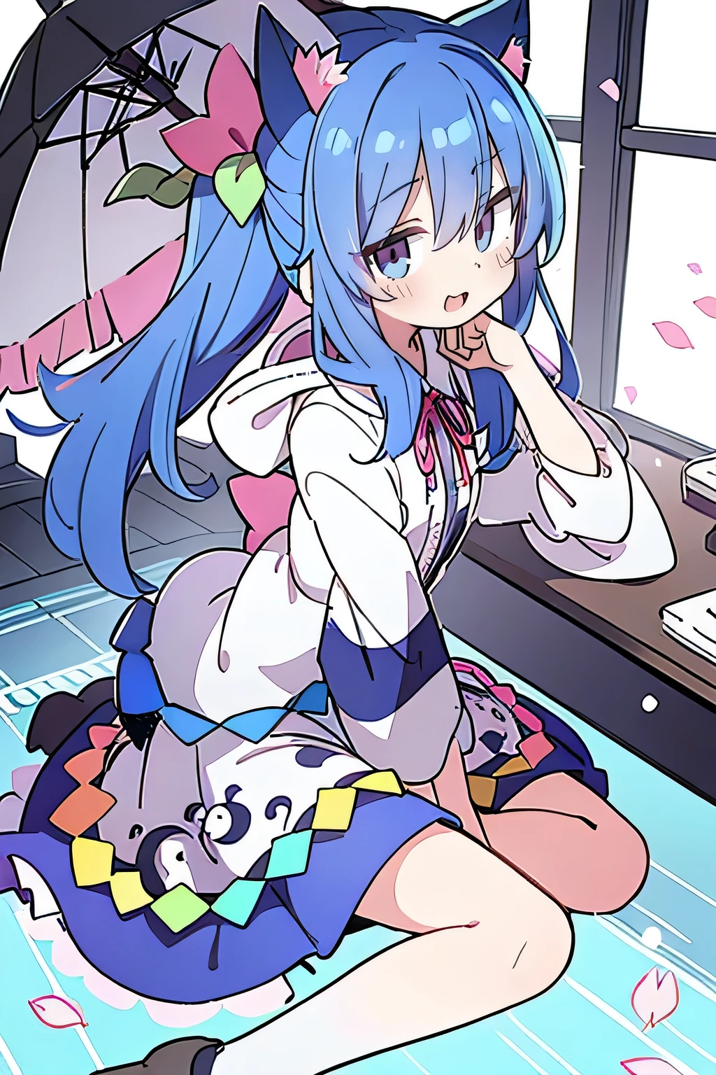 (masterpiece:1.2),Super detailed,lifelike,Expressive eyes,fair skin,perfect face shape,1 girl,
Japanese comics,Gorgeous blue hair,flowing blue hair,flowing clothes,Cat ears,Petals fall,beautiful lola,Baby Angel,
Shaking head with one hand,Cross your legs,Gentle and peaceful background,The pavilion is cool and comfortable,smile, wearing hoodie, background of tokyo,back views,snowing, winter.