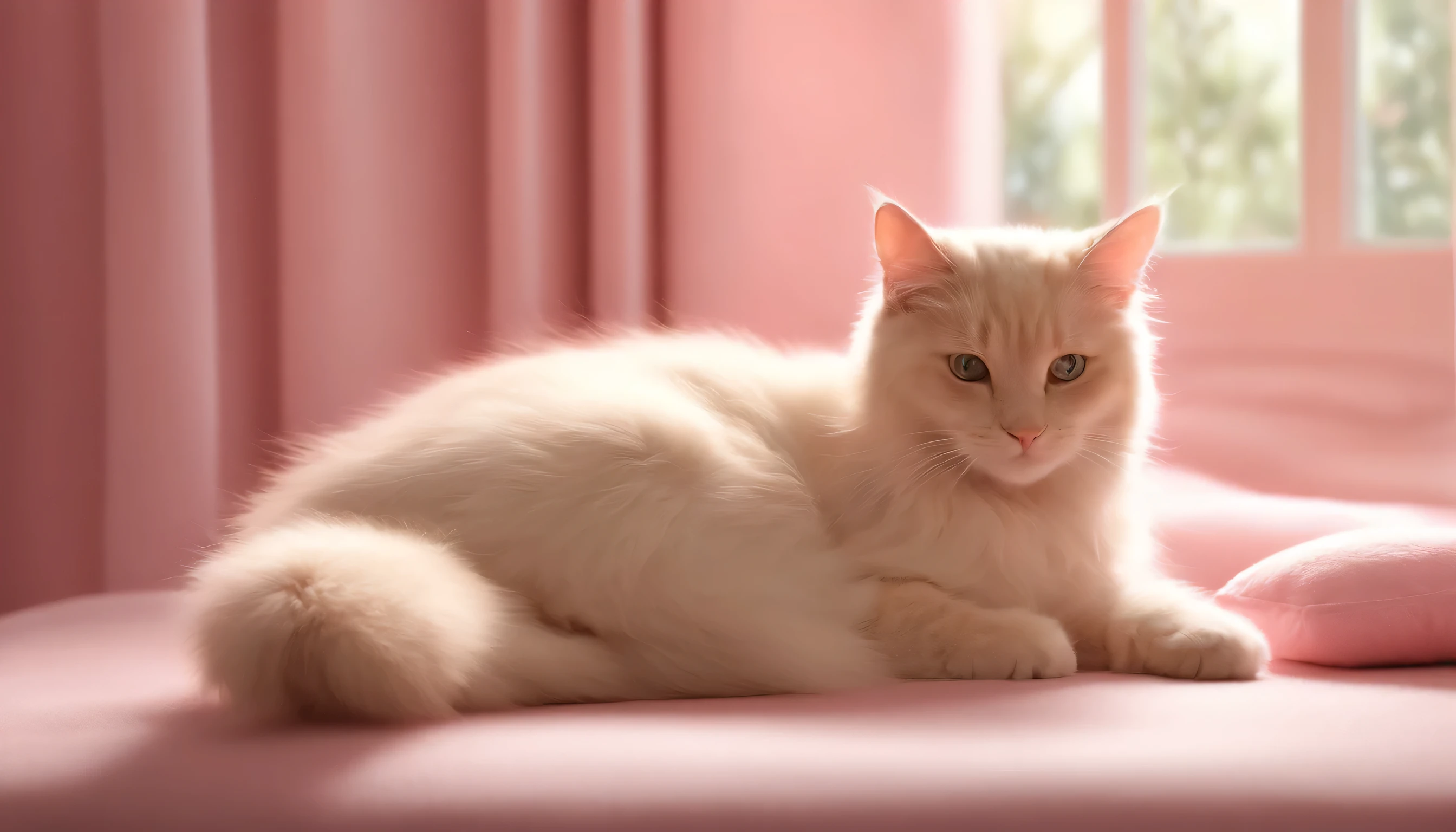 "A cute cat sleeping in a dimly lit room, styled in a feminine and elegant manner with pink as the theme color, in a 16:9 aspect ratio. The room features soft, indirect pink lighting casting a gentle glow on the walls, creating a serene and stylish atmosphere. The cat, with fluffy, light-colored fur, is curled up on a plush pink blanket. The decor includes feminine touches like delicate pink curtains, fluffy pillows, and subtle floral patterns. This setting aims to create a tranquil and fashionable environment, perfect for depicting the cat's peaceful slumber in a beautifully designed girl's room."