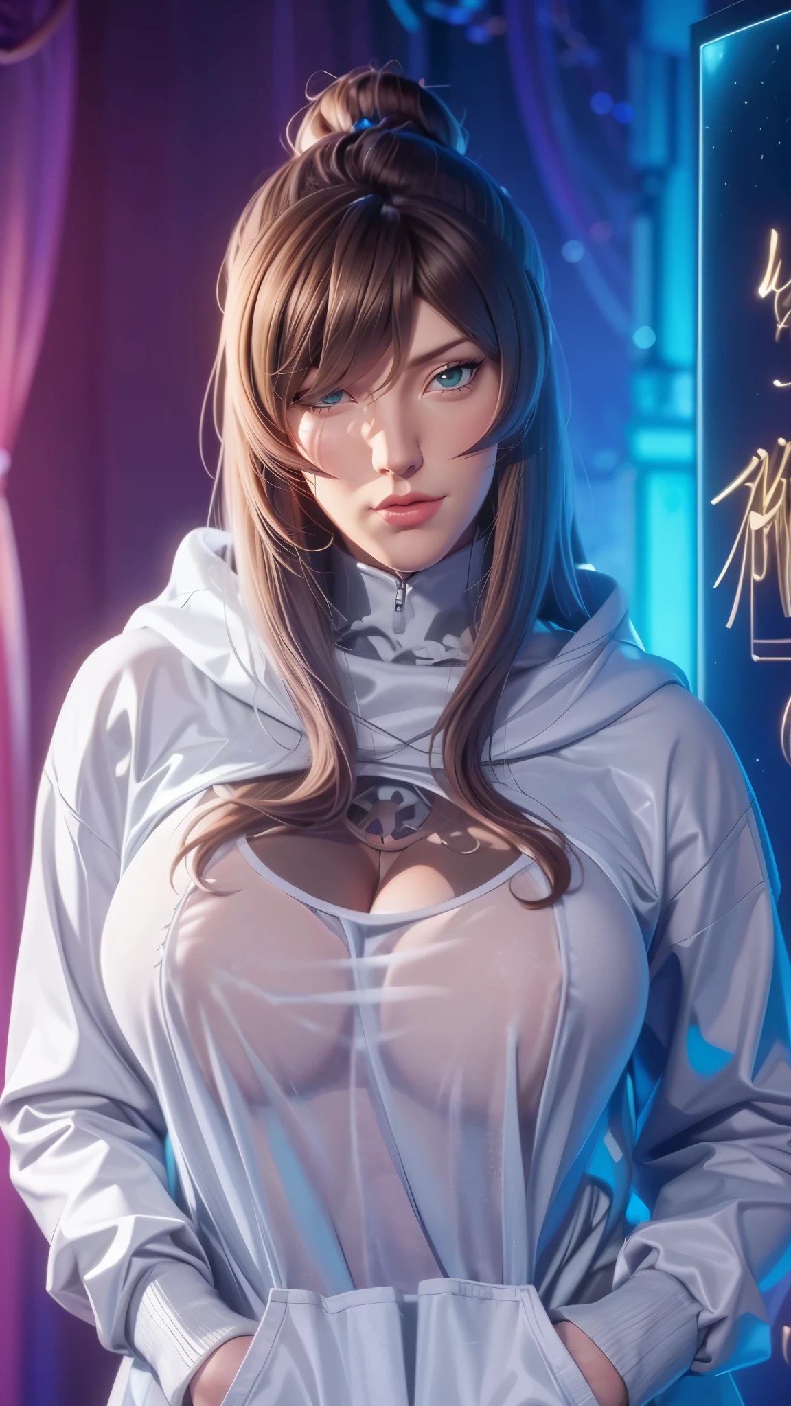 （（（完美figure，figure，solo， White and tender skin，（（（hoodie，wearing a hoodie））），（（（mei_terumi,long hair, brown hair, green eyes, hair over one eye, Red brown crossed long curly hair, right eye covered by hair, pink lips））），((masterpiece)),high resolution, ((Best quality at best))，masterpiece，quality，Best quality，（（（ Exquisite facial features，Looking at the audience,There is light in the eyes，(（（Smile，confidence)））)，））），型figure:1.7））），（（（Light and shadow，Huge breasts））），（（（Looking at the camera，black background，colorful, neon lights,baby pink, baby yellow, silver, white,Bend forward ）））