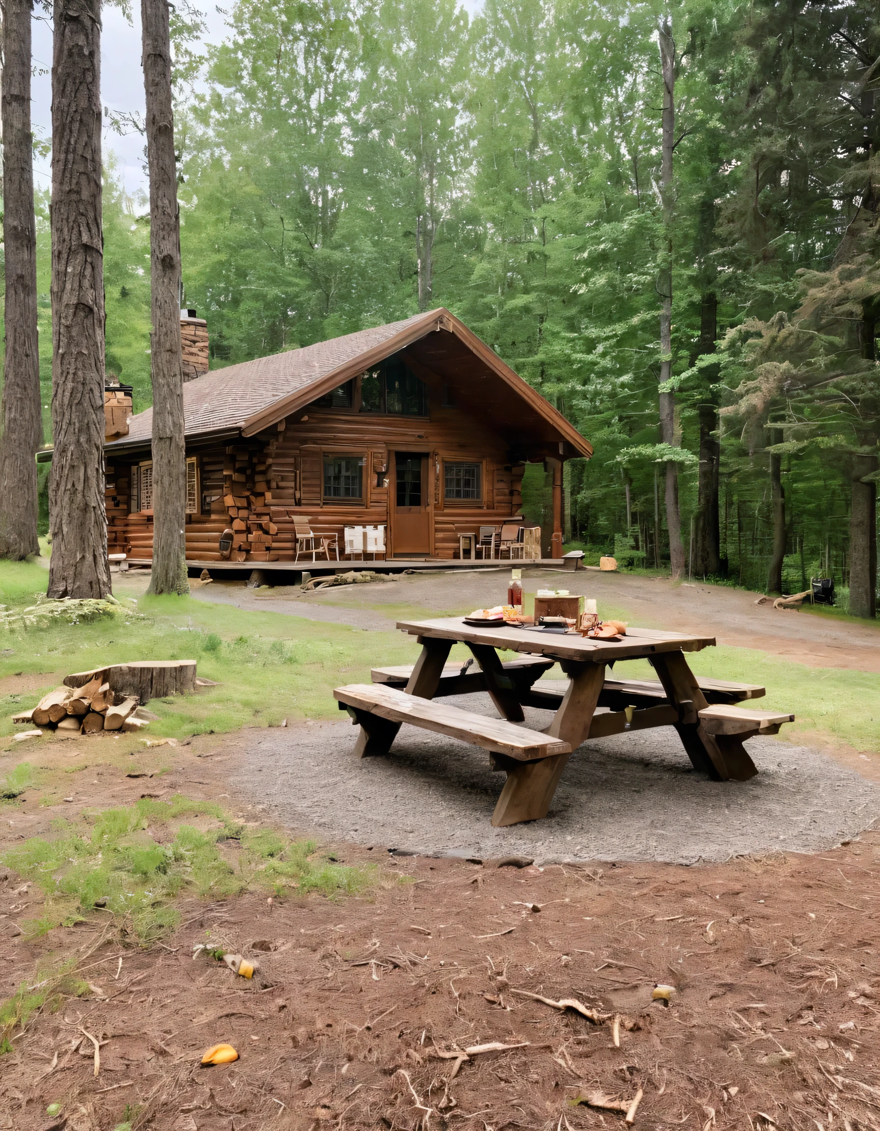 there is a picnic table with food on it in front of a log cabin, log cabin, cabin in the woods, a brick cabin in the woods, forest picnic, cottagecore!!, old cabin, rustic setting, cottagecore, cabin, cottage in the woods, cozy place, wood cabin in distance, outdoor campfire pit, outdoors setting