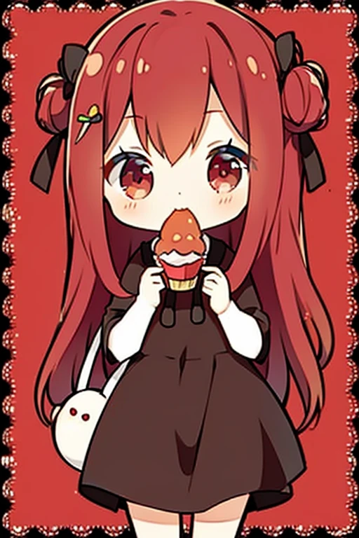 A red haired woman with red eyes with an hourglass figure in a cute sweatshirt dress is eating a cupcake