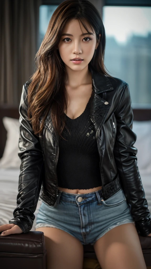 1girl,(wearing a black leather jacket over Camisole:1.4),(black leather long boots:1,4),(RAW photo, best quality), (realistic, photo-realistic:1.4),(full body:1.3), masterpiece,Attractive Japan Woman Pictures, an extremely delicate and beautiful, extremely detailed, 2k wallpaper, Amazing, finely detail, extremely detailed CG unity 8k wallpaper, ultra-detailed, highres, soft light, beautiful detailed girl, extremely detailed eyes and face, beautiful detailed nose, beautiful detailed eyes,cinematic lights,perfect ???????,(bob hair:1.3),?????? pose,bedroom