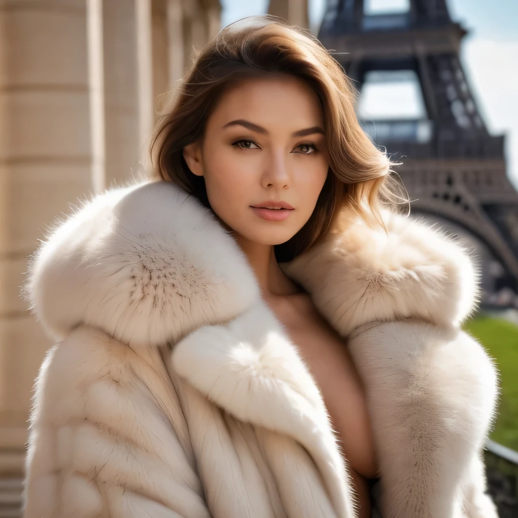 Completely attractive woman visible topless,  Devant la Tour Eiffel, avec un manteau de fourrure, fille sexy aux yeux bruns, ultra realist, Meticulously detailed, Portrait Sophie Mudd, cheveux bruns et grands yeux, selfie of a young woman, Yeux de chambre, Violet Myers, sans maquillage, maquillage naturel, looking straight at camera, Visage avec Artgram, Maquillage subtil, Great photo of the whole body kneeling on the bed, dans la chambre, Medium to large bust,  décolleté, bien en chair,  fille sexy aux yeux bruns, gros seins