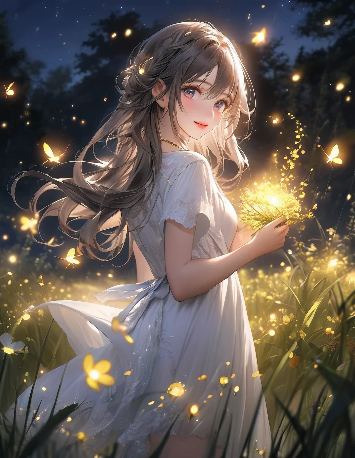 masterpiece:1.2,highest quality, highres, 16k, ultra-realistic:1.37, beautiful detailed, Beautiful girl, Standing in a beautiful posing, gently smile, flowing hair, Night Grassland, fireflies in hands, fireflies on hair, Many fireflies fly around:1.3, Fireflies dancing wildly:1.3, Countless fireflies:1.3, Trails of many fireflies:1.3, beautiful delicate(hair,face,eyes,pupils,white dress,anklet,knee,fireflies), sparkling eyes, shining lips, behind view