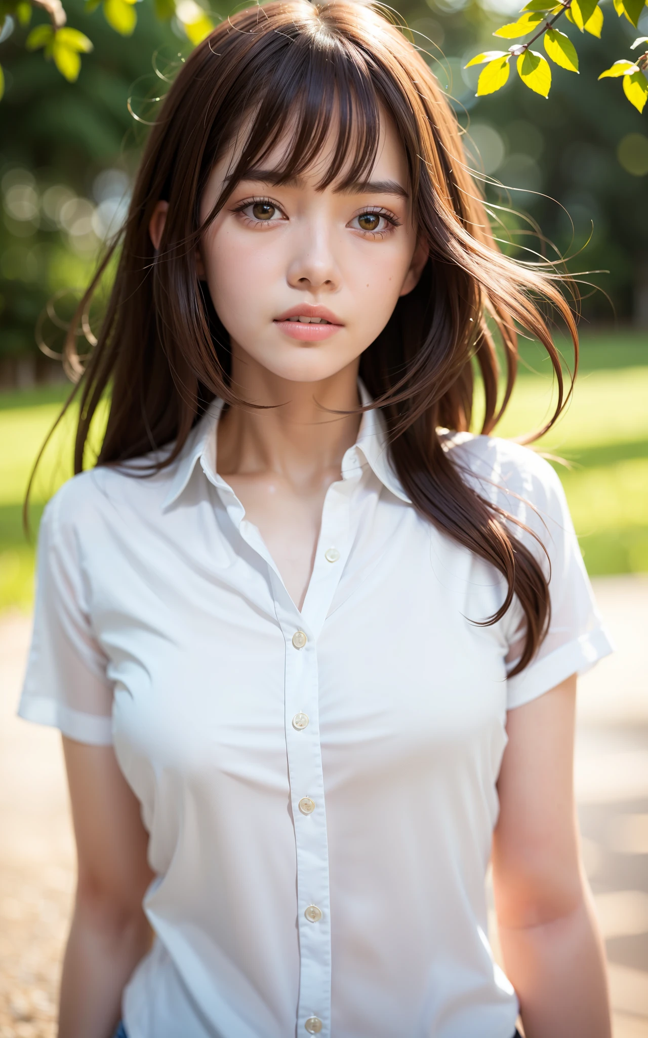 masterpiece, Best Quality, 8K, 1girl, Correct human hands, correct human fingers, 14 yo, face closeup, Cute, Girly, Delicate girl, Neat and clean beauty, medium breast, luminescence, Looking away, Raw photo, F/1.8, 135 mm, NIKON, Anatomically correct, bokeh，Textured skin, Professional Photography, Portrait, Soft light, Professional Lighting, back light, Film grain, (Eyes and faces with detailed:1.0), brown hair, medium hair swaying in the wind, bangs, Silk shirt