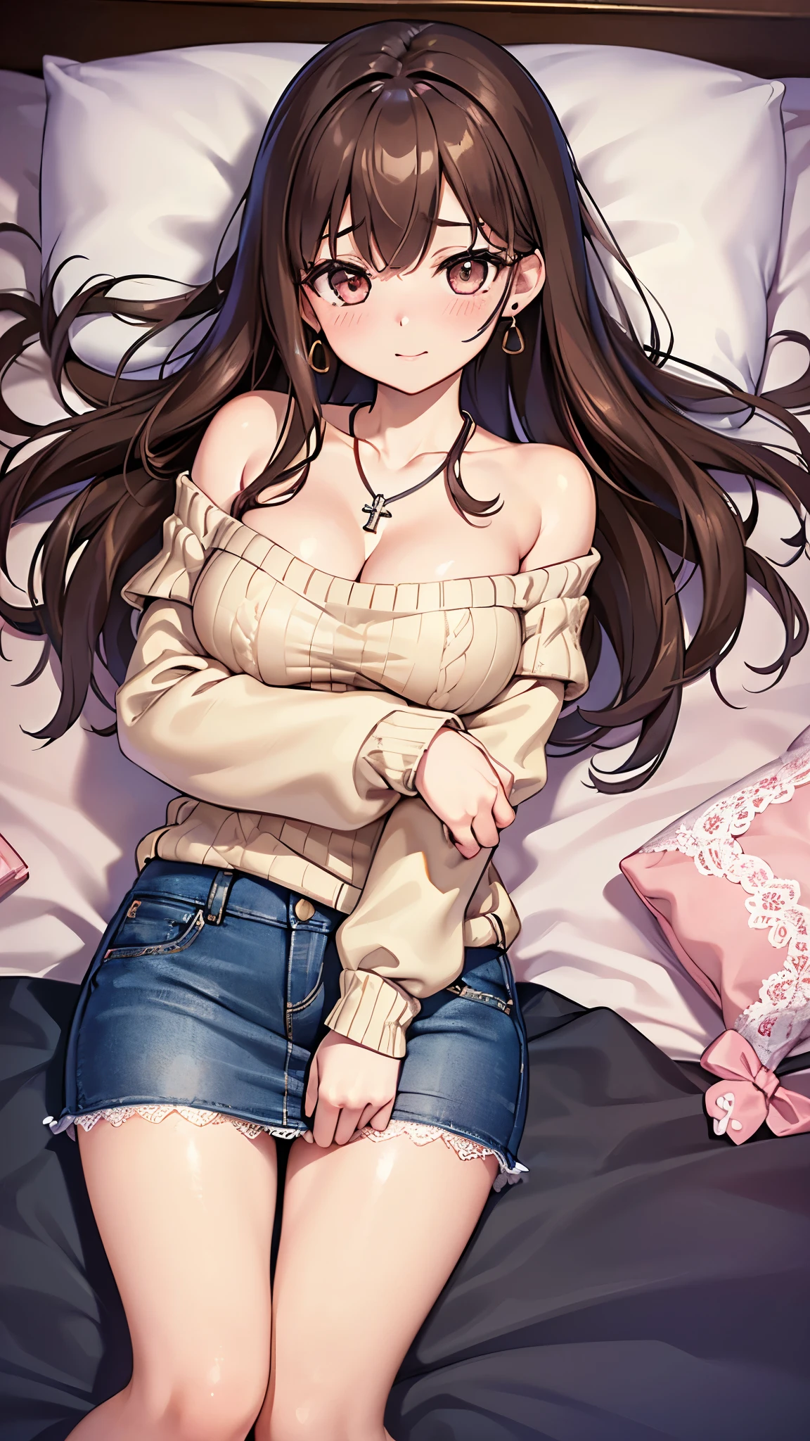 (Tabletop, highest quality, High resolution, , Perfect Pixel, 4K,), 1 girl, single, alone, Beautiful woman、I could see the whole body、 ((Wavy mid-hair, bangs, Brown Hair)), ((Brown eyes, Beautiful eyelashes, Realistic eyes)), ((Detailed face, blush:1.2)), ((Smooth texture:0.75, Realistic texture:0.65, Realistic:1.1, Anime CG Style)), Medium chest, Dynamic Angle, Perfect body, ((, Beige off-the-shoulder sweater、Tight denim skirt、Black Stockings、Cute Necklace、Earrings、)), Superior、A shy smile、Luxury hotel room、Lie on your back in bed、((Leg spread))、Angle from below、Cross your arms to highlight your cleavage、、((Pink lace panties are visible))、