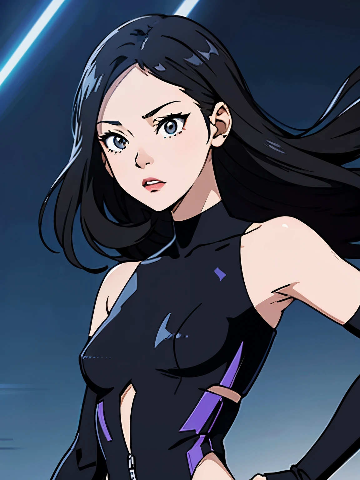 digital art drawing, illustration of (girl, long dark black hair mid part, brown eyes, sexy facial expression, flat chest, light blue corsette, single arm black sleeve, cyberpunk background), anime drawing/art, bold linework, illustration, digital art, masterpiece, flat illustration, no shadows, 8k resolution, high detail, vector art, only anime, perfect eyes, perfect hands, perfect fingers, sharpness, high clarity, medium close up, high fidelity