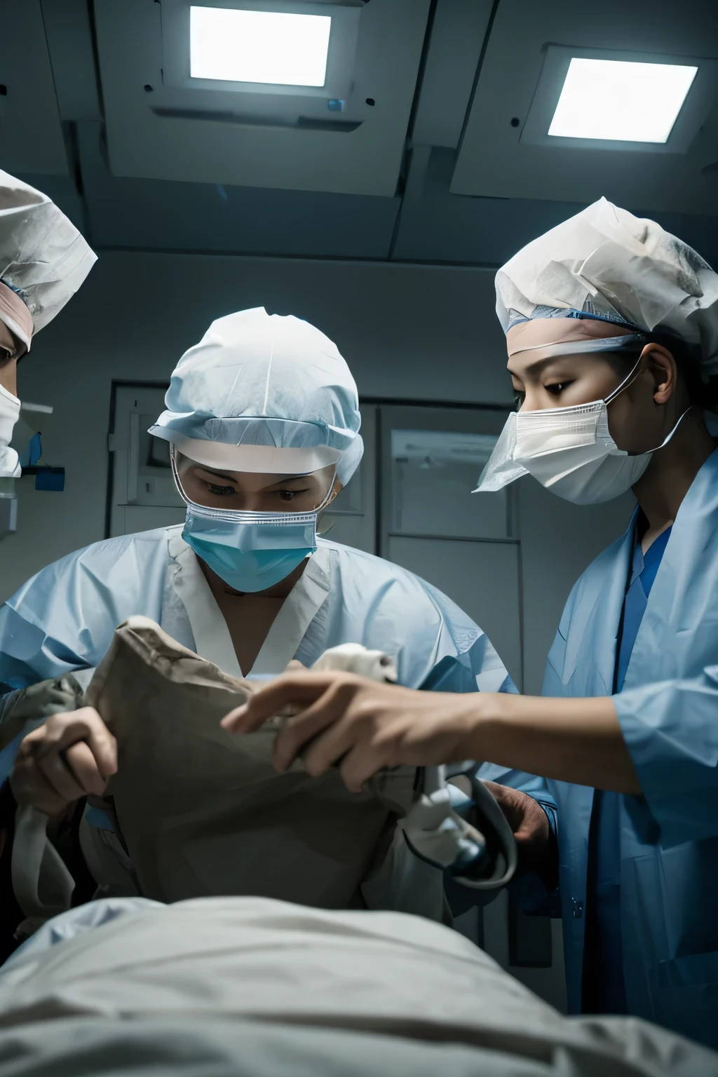 Multiple surgeons are performing an operation in a dimly lit operating room, creating a dark and somber atmosphere. The subdued lighting casts shadows across the room, obscuring the faces of the surgeons as they lean over the patient. The camera moves closer, attempting to capture the intense focus on the surgeons' faces and the delicate precision of their movements during the procedure. In this moment of quiet intensity, the tension of the operating room and the weight of responsibility on the shoulders of the surgeons are palpable.