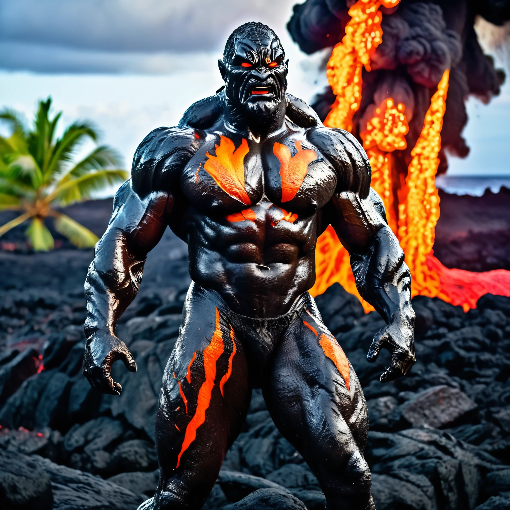 (best quality,4k,highres,masterpiece:1.2),ultra-detailed,(realistic:1.37),WWE superstar The Rock, Lava Demon, lush tropics of Hawaii, rises from a pool of lava, scorches the earth, walks to the sea, volcanic eruptions, intense heat, molten lava, smoldering flames, dramatic landscape, exotic plants, vibrant foliage, towering palm trees, scenic beauty, steam rising, intense red and orange hues, billowing smoke, glowing embers, powerful presence, muscular physique, awe-inspiring, fierce expression, penetrating eyes, chiseled features, lava-like skin texture, lava sparks, fiery aura, searing radiance, epic battle, volcanic energy, primal force, unstoppable, legendary strength, immortal being, otherworldly transformation, volcanic island paradise